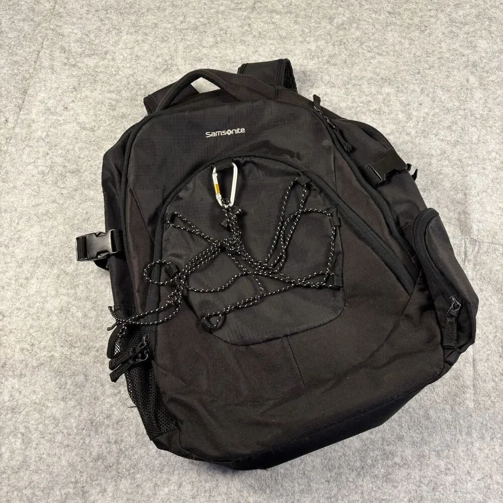 Samsonite Padded Backpack Bag Black Multi Pocket w/ Bungee Cord & Carabiner